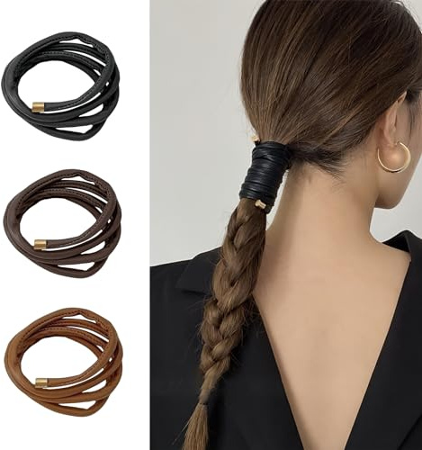 Boxkat 3 Pcs Leather Spiral Lock Bendable Wire Hair Ties Wrap Ponytail Braid Holders Stand Hair Band French Styling Hair Hairbands Rope Ponytail Decor Accessory for Women Girls