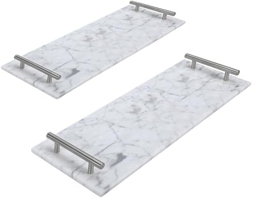 PALUPLUS 2 Vassoi in Marmo con Manici in Metallo, Misura 40x15 cm, Piano Rettangolare impermeabile, 4 Piedini Antiscivolo, Piatti da Servita, Vassoi da Portata -806