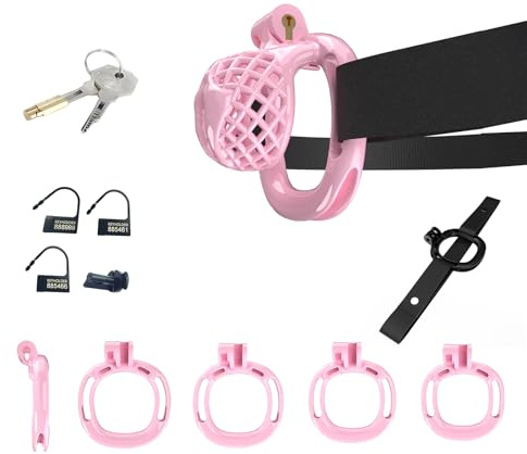 QgLust Keuschheitskäfig-Set für Männer, Keuschheitskäfig-Set aus Harz, kommt mit 4 Penisringen, SM-Bondage-Fetisch, atmungsaktives Käfig-Sexspielzeug für Männer (Rosa S)