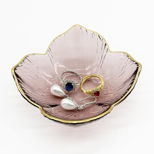 BESSKON Small Flower Ring Dish, Pink Glass Jewelry Tray, Nightstand Decor, Crystal Ring Holder for Women, Bathroom Trinket Tray Soap Dish (Pink)