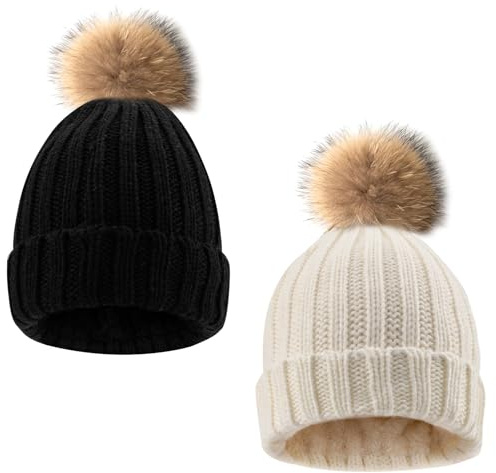 Beanie-Mützen für Damen, 2 Stück, weiche Wintermützen für Damen, abnehmbare Bommelmütze, Bommelmütze mit Teddy-Fleece gefüttert, Geschenk für Weihnachten, Outdoor-Sport, Radfahren, Skimütze, Mädchen,