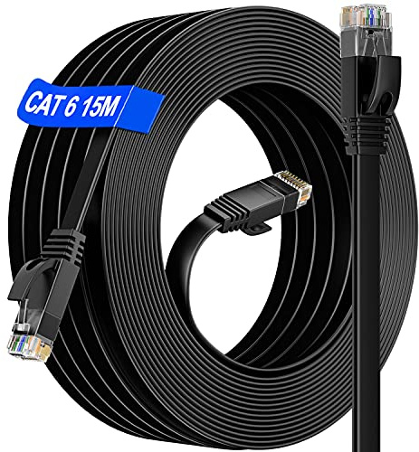 Soibke LAN Kabel 15 meter Cat 6, Netzwerkkabel 15m Gigabit RJ45 15m Ethernet Kabel Flach - 10/100/1000Mbit s - Patchkabel Schwarz Cat 6 Wlan Kabel für Router Switch Modem PS4/5, 15 Clips