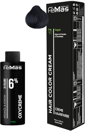 Femmas Haarfarbe Set Blauschwarz 1.1 I Hair Color Cream 100ml + Oxycreme 100ml 6% I Permanente Haar-Coloration + Entwickler I Schonend & langanhaltend I Salon-Haarfarbe für Zuhause