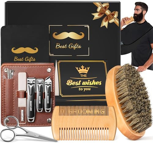 Bartbürste Bartpflege Set für Männer, Linkax Geschenke für Männer Papa Opa, mit Bartkamm Schürze Schere Nagelknipser, Weihnachtsgeschenke Geburtstagsgeschenk Männergeschenke Adventskalender Füllung