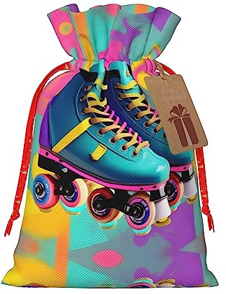 HJLUUFT Jutetasche mit buntem Rollschuh-Druck, Retro-Stil, Weihnachtsgeschenktasche mit Kordelzug und Geschenkanhänger, Hochzeit, Weihnachten, Partygeschenk