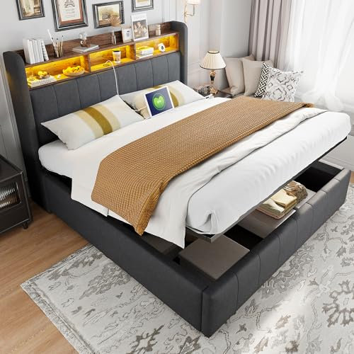 Aoskem Polsterbett 160x200 Doppelbett mit Stauraum, LED-Kopfteil mit USB-Ladestation und Regal, Hydraulisch Stauraumbett Jugendbett Funktionsbett Bettgestell mit Lattenrost, Ohne Matratze, Leinen Grau