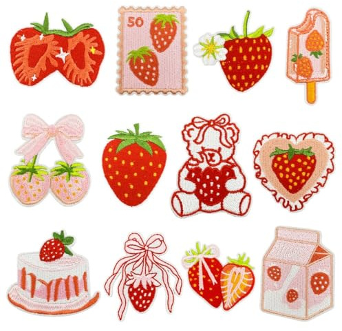 loghohu 12Pcs Strawberry Iron on Patches Embroidered Fruit Patches Pink Iron on Patches Strawberry Patches Sew on Repair Embroidered Applique Repair Patch for Backpacks Pants Clothes Jeans