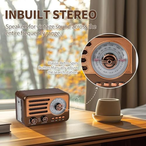 Asyduey Radio Retro Portátil, Mini Receptor de Radio FM/Am/SW, Altavoz Bluetooth Vintage con Linterna LED, Compatible con para Tarjeta TF, USB AUX