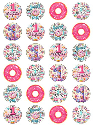 24 x Sweet One 1st Birthday Edible Cupcake Toppers – Wafer Card or Icing – First Birthday Themed Party Decorations Perfect For Brownies Cookies Muffins & More! (Edible Wafer Card)