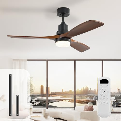 Sofucor Ventilateur Plafond avec Lumiere, 132cm Lampe Ventilateur Plafond Bois Massif, Telecommande, 6 Vitesses, Silencieux DC Réversibles, Minuterie pour Chambre