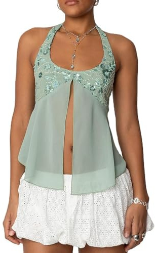 Qtinghua Womens Y2K Sequin Cami Top Sexy Split Hem Tie up Sleeveless Backless Coquette Tank Tops Cute Sparkle Low Cut Going Out Camisole Crop Tops (A Halter Green, S)