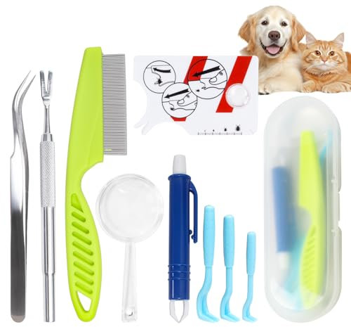 Qaziuy Zeckenentferner Set für Hunde Katze Mensch, Zeckenkarte mit Lupe, 3er Set Zeckenhebel, Zeckenhaken, Zeckenzange Pinzette, Zeckenentfernung In Sekunden, Zeckenschutz für Kinder Hund, Katze