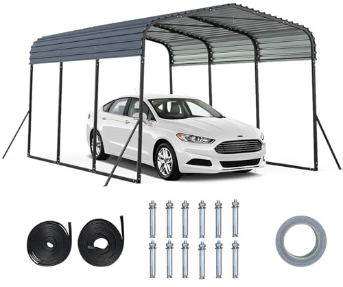 COSTWAY 4.4 x 3m/10 x 15FT Carport, Heavy Duty Galvanized Steel Car Shelter with Enhanced Base, 4 Added Slant Legs & 2 Ceiling Hooks, Water UV Resistant Outdoor Open Canopy Tent for SUV, Boat, Truck