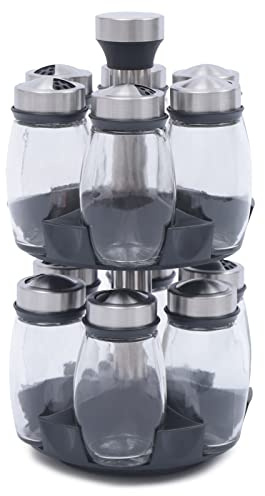 Rotating Spice Rack 12 Jar Set Double Tier 360° Spin Stainless Steel Base Lead Free Glass Bottles Triple Shaker Types Moisture Proof Seal 120ml Capacity for UK Kitchen Countertop Pantry Storage​