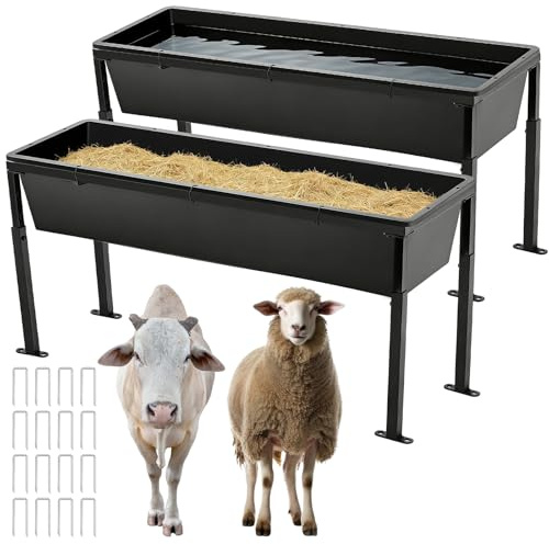 Geelin 2 Pack 38.6 Long Livestock Feeding Trough, 11 Gal Water & 66 Lbs Feed Capacity Livestock Water Trough with Adjustable Stand, Large Capacity Farm Animal Feeder for Horses, Goats, Sheep, Cattle
