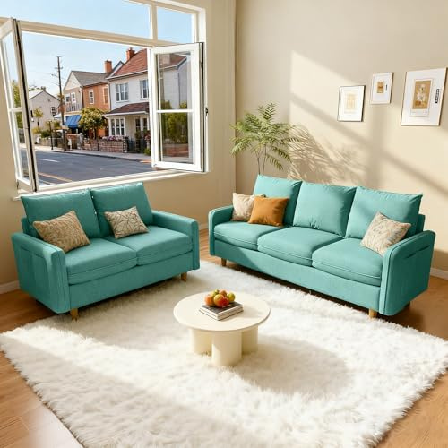Meeyar 3-Sitzer +2-Sitzer Sofa, Kleines Sofa mit Massivholzbeinen und Seitentaschen, Abnehmbare Bezüge, Kurzplüschstoff Couch für Wohnzimmer, Schlafzimmer, Büro, Wohnung,Blau (221+147 cm)