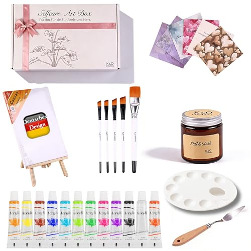 Selfcare ArtBox – Kreatives Malset zum Malen, Entspannen & Selbstliebe | Art-Therapie Box mit Leinwand, Pinsel, Staffelei, Malmesser, Farben, Kerze & Affirmationskarten – Besondere Geschenkidee