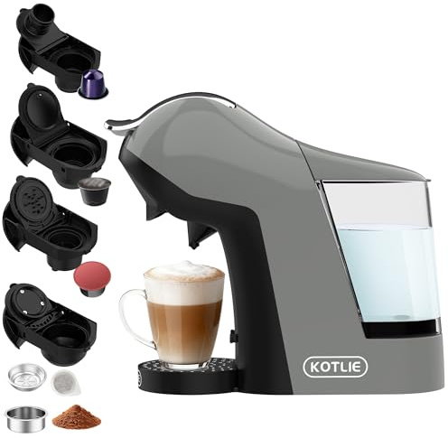 Upgrade Máquina de Cápsulas Café Espresso 5 en 1 19 Bar para Nespresso/Dolce Gusto/LAVAZZA MIO/LOR y Café Molido/ESE, Cafeteras Automáticas Pequeñas con Cápsulas, EM-308B (Gris)