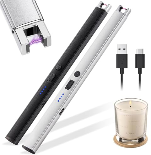 Accendino Elettrico a Arco, 2 Pezzi Accendigas USB Type-C Ricaricabile con Indicatore Batteria, Antivento Sicurezza Bambini, Collo Lungo per Candele, Cucina e Barbecue (Nero e Argento)
