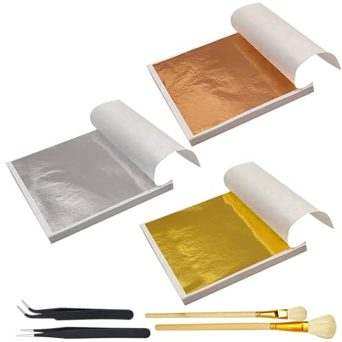 300 Láminas de Pan de Oro para Manualidades, Papel Dorado de 8x8.5 cm con Pinceles y Pinzas, Hoja Imitación Dorada y Plateada para Proyectos DIY, Arte y Decoración