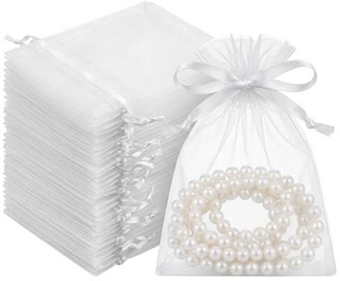 100 Organzasackchen Weiss 10x15cm Kordelzug Transparent Hochzeit Geschenk | Feiner stoff gewebe, zugband verschluss, edle optik festlich, tischdeko tisch, taufe verpackung, schmuck beutel