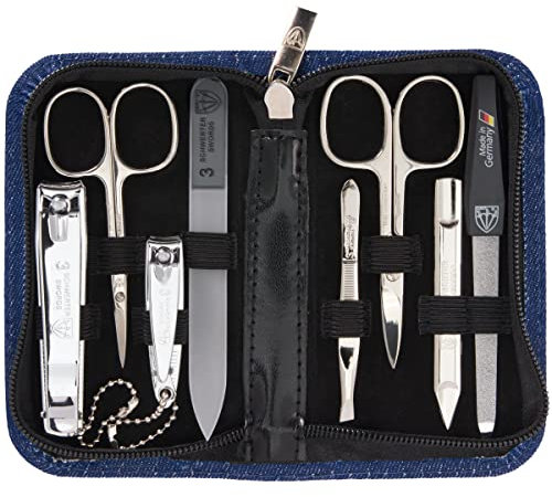 DREI SCHWERTER - Maniküreset 'Roma' - Nageletui mit 8 Instrumenten: Nagelschere, Hautschere, Fuß/Finger-Nagelknipser, Nagelreiniger, Pinzette, Glasnagelfeile, Saphirnagelfeile - jeans/blau