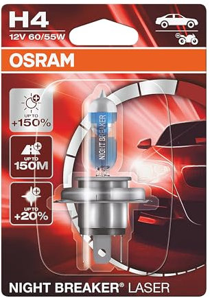 OSRAM NIGHT BREAKER LASER H4, +150% mehr Helligkeit, Halogen-Scheinwerferlampe, 64193NL-01B, 12V PKW, Blister (1 Lampe)