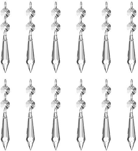 JaneYi (Paquet de 12) 62mm Prisme de Glace Pendentif en Cristal Verre Cristal Clair Lustre Ice Gouttes Attrape-Soleil avec 12 Perles Octogonales et Bagues pour Lampe Jardin Fête Noël Mariage Décor