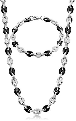 AFSTALR Halskette Herren Edelstahl 6/9/11mm Kaffeebohne Kette Armband Set für Männer Silber/Gold/Schwarz 51/56/61CM Hip Hop Halskette Plattenkette für Herren