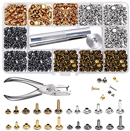 McNory Rivetto in Pelle 480 Set Doppio Testa Borchie Metalliche Tubolari Rivettate 3 Formati con Punch Pinze e 3 Pezzi Kit di Strumenti per Riparazioni Artigianali in Pelle 4 Colori