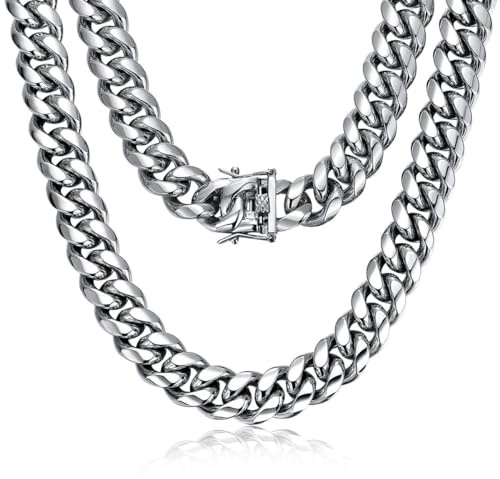 ROWIN&CO Halskette Herren Panzerkette Silber Kette Edelstahl Hip Hop Schmuck Miami Kubanische Kette 15mm | 45-88cm Cuban Link Chain Gliederkette
