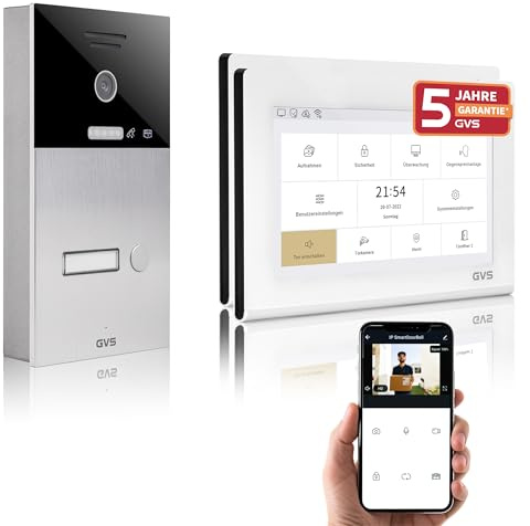 GVS IP Video Türsprechanlage mit Türöffner, 2X 7 Zoll Monitore & App | Smarte Video Türklingel mit Kamera und Monitor & App - Gegensprechanlage für 1 Familienhaus (AVS1330A)