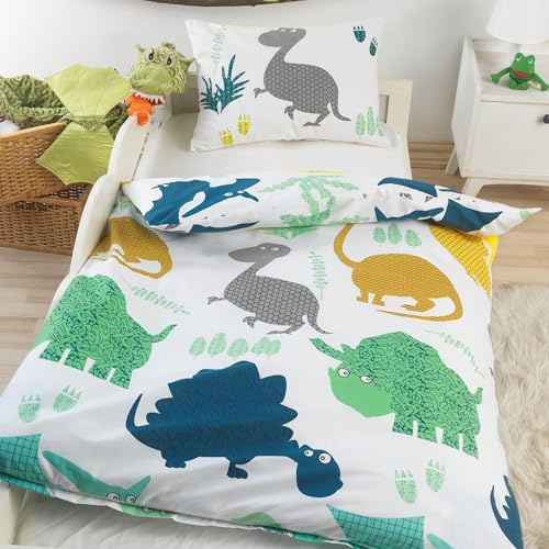 BaSaTex Baby/Kinder Bettwäsche Set, 100x135 cm 40x60 cm, Dinos | 100% Bio Baumwolle, GOTS-Zertifiziert, Rundumgummizug, 140gsm
