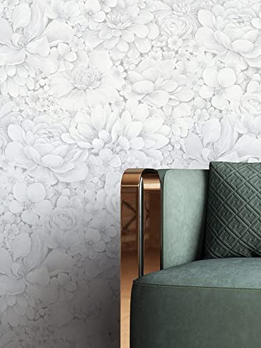 Newroom Vliestapete Weiß Blumen Blumentapete Wohnzimmer | 3D-Optik mit plastischen Pfingstrosen und Dahlien, hellgraue Schatten, Mustertapete, Wandtapete, skandinavisch, Schlafzimmer