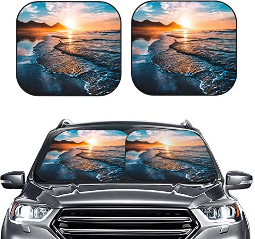 Auto Sonnenschutz Sonnenschutz Auto Frontscheibe Faltbar Motiv Strandwellen Auto Scheibenabdeckung Sommer Auto Zubehör Sonnenschutz 2-teilig 74x60cm mit Aufbewahrungstasche Frontscheibenabdeckung