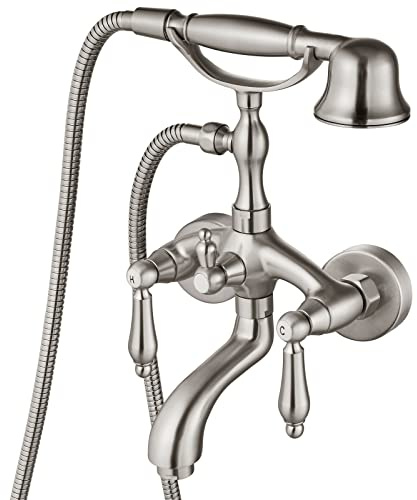 Aolemi Badewannenarmatur in gebürstetem Nickel, Wannenfüll-Set aus Messing mit Doppelhebelgriff und handgeführter Telefonbrause, nur Wandmontage, Vintage-Mischbatterie-Duschset für Badezimmer