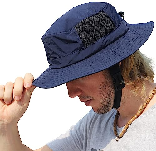 Huakunda Solhatt för män UPF50+ strandhatt med brett brätte snabbtorkande utomhus justerbar hakrem fiskemössa för surfing båtliv, Dark Blue, en storlek