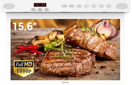 SYLVOX 15.6 inch Smart Kitchen TV for Android OS, 1080P Under Cabinet Flip Down & Rotated, Built-in Timer, Smart Casting WiFi, Small Television for Kitchen, Bedroom, Campervan (White)