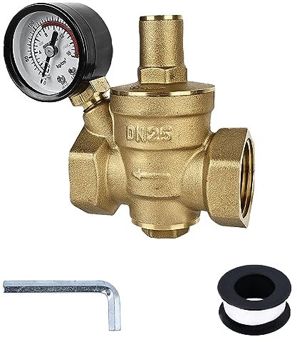 Regulador de presión de agua de 1 pulgada con manómetro: HOMURY DN25 reductor de presión de agua, regulador de presión de agua ajustable, reductor de presión de agua, 100% latón de alta dureza