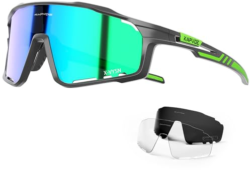 KAPVOE Fahrradbrille 3 Wechselgläser Herren Damen K76 | 3 Gläser: PC Tag, Schwarz polarisiert, Klar wenig Licht; UV400, 3-stufiges Nasenpad