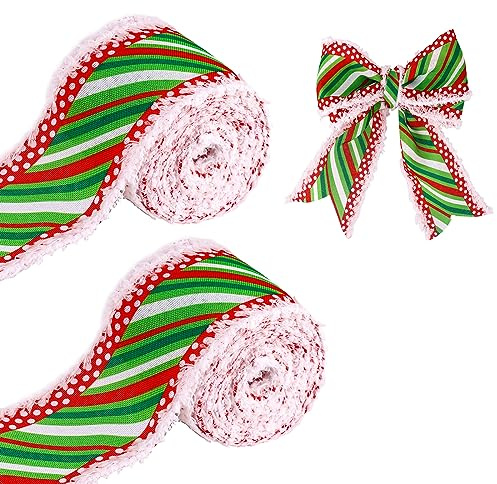 2 Rollen Weihnachtsband mit Draht, 6,3cm Breit 11m Weihnachtsband zum Basteln Polyester Weihnachtsbaumband Schneewehenkanten Rot Grün Weiß Weihnachtsbänder zum Basteln Dekorieren