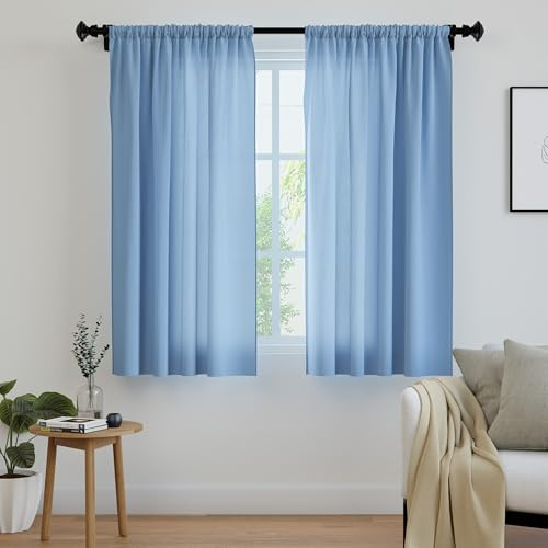 Encasa XO Cortinas sólidas de poliéster con Atado, 140x137 cm Window Juego de Paneles de 2 - Azul, Bolsillo de Vara, Filtro de luz, Cortinas para Puerta, Dormitorio, Sala de Estar