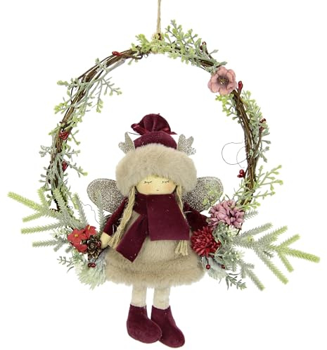Dekorierter Kranz aus Rattan mit Elfe mit Tannenzweigen Dekozweigen Kunstblumen Beeren Weihnachtskranz Kranz für Tür Wand Adventskranz Kränze Dekokranz Deko Weihnachtsdeko Türdeko