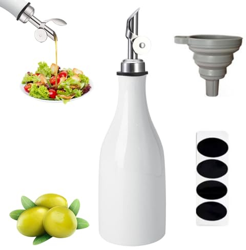 Qivine Ceramic Olive Oil Dispenser Bottle, 300ML Oil Bottle Drizzler Pourer Vinegar Bottles for Kitchen with Funnel & Sticker, Cooking Storage Protects Oil To Reduce Oxidation for Oil, Vinegar