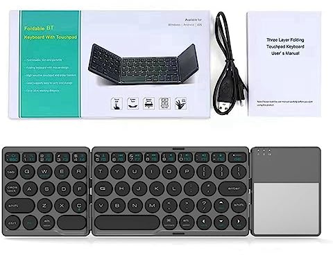 Louttary Teclado Bluetooth plegable de 64 teclas con teclas y tapa redonda, ultrafino, para computadora, oficina, teléfono, tableta con panel táctil, color gris
