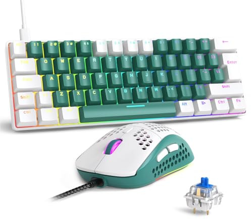 RK-T60 Ensemble clavier et souris de jeu mécanique filaire portable avec rétro-éclairage arc-en-ciel 62 touches NKRO 6400 DPI RVB Honeycomb Souris Câble aviateur spiralé pour PS4/PC/WIN Gamer