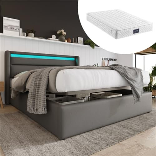 Hydraulisches Stauraumbett mit LED-Funktion (mit Matratze) 140 * 200cm mit Lattenrost und gepolsterter Rückenlehne Schlafzimmerbett Doppel-Polsterbett (Grau)