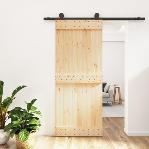 IKAYAA Schiebetüren Komplettset Mit Tür Einzelne Schiebetür Komplettset Mit Tür Schiebetür mit Beschlag Schiebetürsystem Komplett-Set 85x210 cm Holzschiebetür Schiebetür Holz Massivholz Kiefer-20
