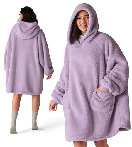 BEDSURE Manta con capucha con mangas – Suéter de peluche como regalo para mujeres – Manta portátil para vestir para adultos Manta con mangas suave y cálida regalo para novia, madres, lavanda, 95 x 85