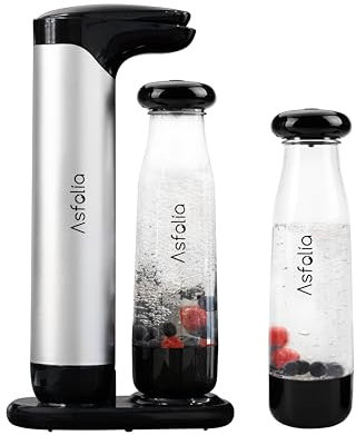 Asfolia Máquina de carbonatación de agua con gas en la parte inferior de acero inoxidable para carbonatación en el hogar, incluye dos botellas de carbonatación PET de 1 litro sin BAP (plateado)